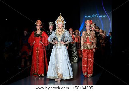 MOSCOW RUSSIA - OCTOBER 13 2016: Model walk runway for Slava Zaitsev catwalk at Spring-summer 2017 Mercedes-Benz Fashion Week Russia.