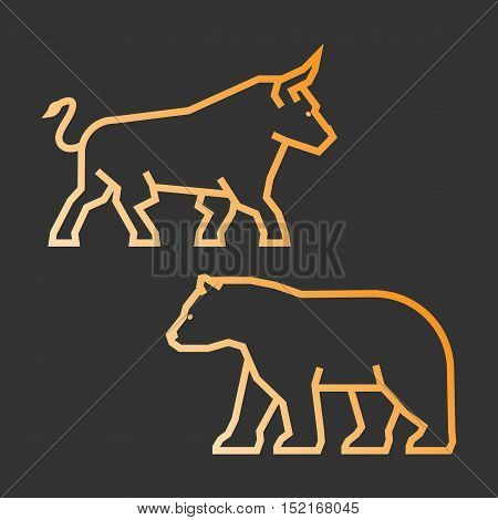 Linear concept for stock market on the rise and a fall. Vector line bull and bear.