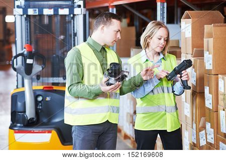 Warehouse Management System. Worker with barcode scanner
