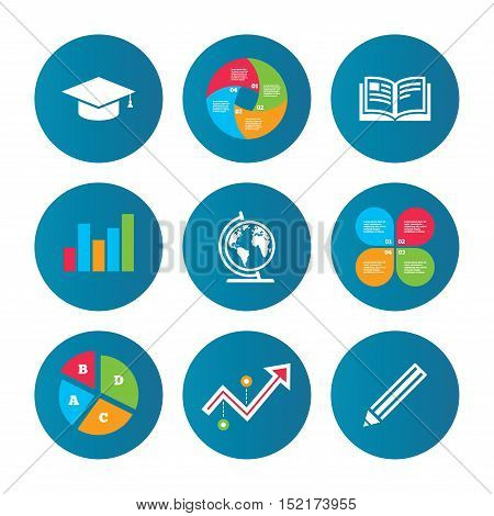 Business pie chart. Growth curve. Presentation buttons. Pencil and open book icons. Graduation cap and geography globe symbols. Education learn signs. Data analysis. Vector