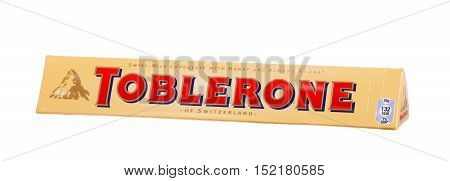 Stockholm, Sweden - February 1, 2014: One package of Toblerone milk chocolate isolated on white.