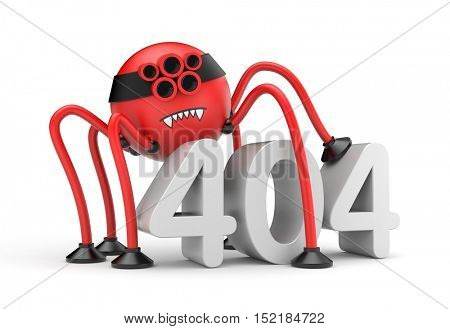 Red robot spider and word 404 error. Internet metaphor. 3d illustration