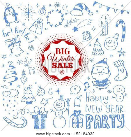 Vector illustration of Winter sale poster with Christmas doodles. Badge. Doodle megaset.