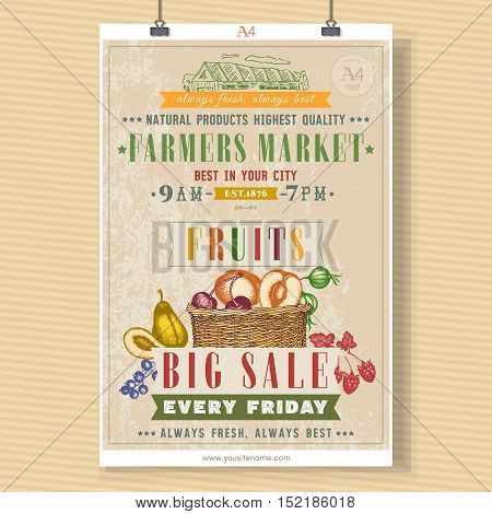Farm market fruit shop signboard template. Basket with fresh fruit vegan fruit shop hand drawn vector