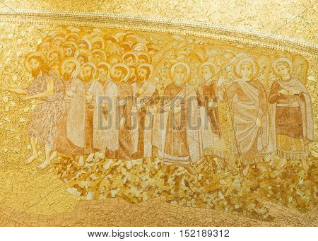 FATIMA, PORTUGAL - October 6, 2016: Detail of the presbytery panel made of terracotta gilt and molded manually in the Basilica of the Most Holy Trinity in Fatima Portugal.