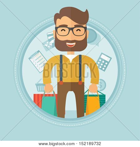 Excited young caucasian hipster shopper with the beard holding a lot of shopping bags on the background with shopping icons. Vector flat design illustration in the circle isolated on background.