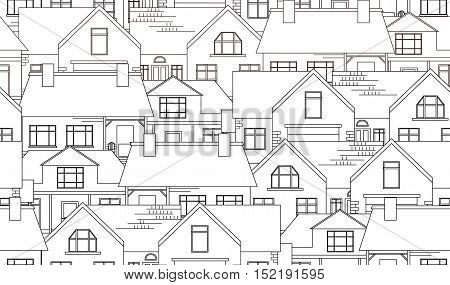 Seamless texture with contour country houses. Vector background for your creativit