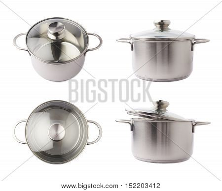 Stainless steel metal cooking pot pan over isolated white background