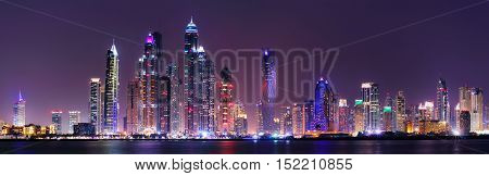 Amazing Night Panorama Of Dubai Marina. Multiple Highest Skyscrapers Of The World With Residential B