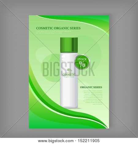 Cosmetic organic series bottle isolated. Stock. Discount banner. Cosmetic product flasks with logo or symbol on nameplate. Reservoir with label. Part of series of decorative cosmetics items. Vector