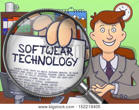 Softwear Technology through Magnifier. Businessman Holds Out a Text on Paper. Closeup View. Multicolor Doodle Style Illustration.