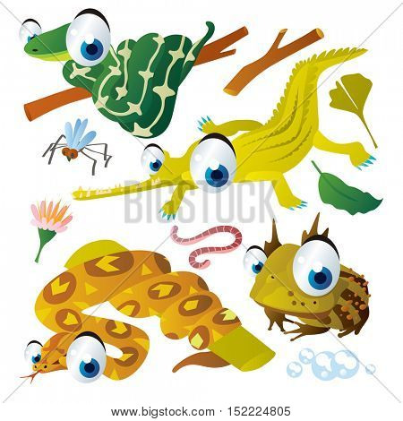 cute vector cartoon reptile collection. colorful illustrations of crocodile, python, horned frog, worm, boa 