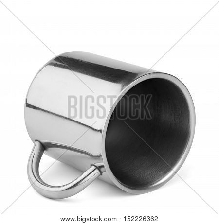 Shiny stainless steel travel thermo cup with handle lay isolated on white background