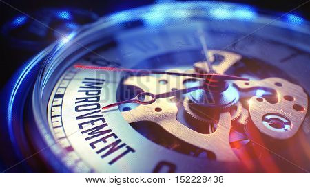 Improvement. on Watch Face with Close Up View of Watch Mechanism. Time Concept. Film Effect. Watch Face with Improvement Text on it. Business Concept with Light Leaks Effect. 3D Render.