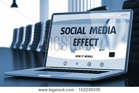 Social Media Effect Concept. Closeup Landing Page on Mobile Computer Screen on Background of Meeting Hall in Modern Office. Toned Image. Blurred Background. 3D.