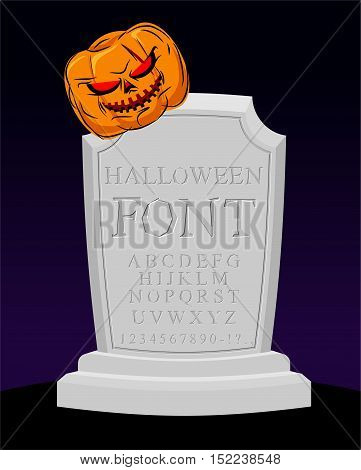 Halloween Font. Carved Alphabet. Letters On Tombstone. Sepulchral Tomb Lettring. Pumpkin And Grave.