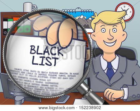 Man in Suit Looking at Camera and Showing Concept on Paper Black List Concept through Lens. Closeup View. Colored Doodle Illustration.