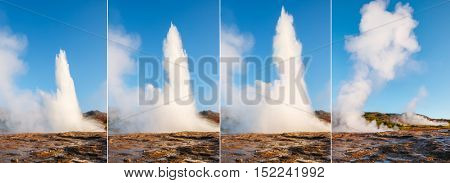 Great view of Strokkur geyser in morning light. Popular tourist attraction. Unusual and gorgeous scene. Location place Haukadalur valley area, Iceland, Europe. Vertical photo. Beauty world.