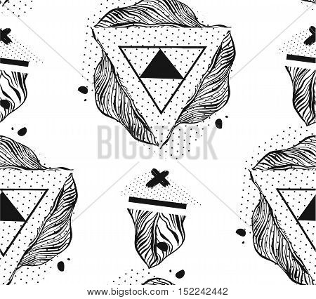 Hand drawn vector abstract graphic ink seamlees pattern of trianglesstropical palm leavescrosses and polka dot textures isolated on white background.Unusual hipster pattern.