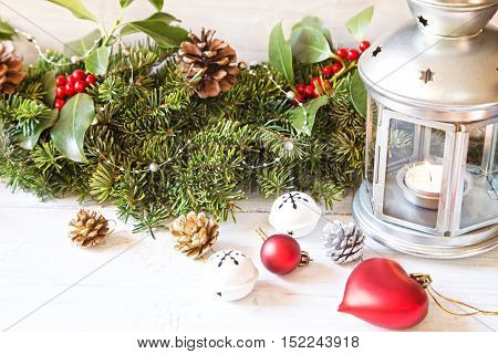 Christmas decoration with the vintage lamp on white background