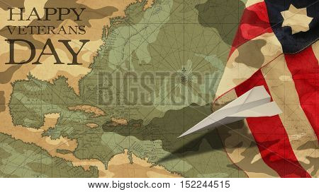 Happy Veterans Day. Paper Airplane Usa Flag MImetic Clouds and America Nautical Chart