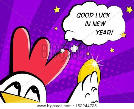 Good luck in New Year. Vector card with rooster, egg and greeting text. Comics style.