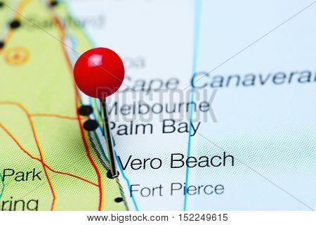 Vero Beach pinned on a map of Florida, USA