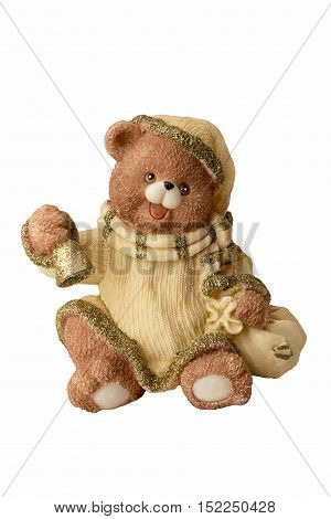 Ceramic Bear In Hat With Christmas Bell Isolated On White.