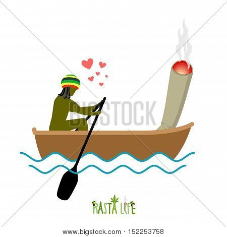 Rasta Life. Rastaman And Joint Or Spliff Boating. Man And Smoking Drug Walk Along Lake. Marijuana Lo