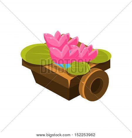 Wooden Pot With Water Lilies Isometric Garden Landscaping Element. Video Game Landscape Constructor Item In Cute Colorful Design Isolated On White Background.
