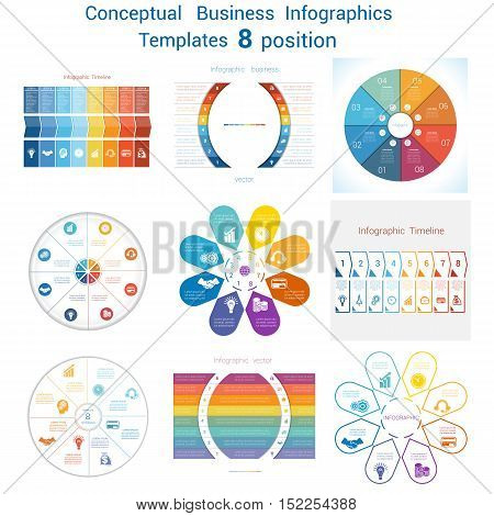 Set templates Infographics business conceptual cyclic processes for eight positions text area possible to use for pie chart diagram. Eps file is layered and fully organised objects are grouped