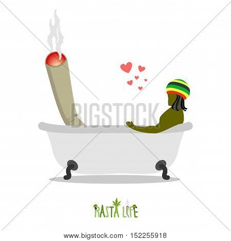 Rasta Life. Rastaman And Joint Or Spliff In Bath. Man And Smoking Drug Together Bathe. Marijuana Lov