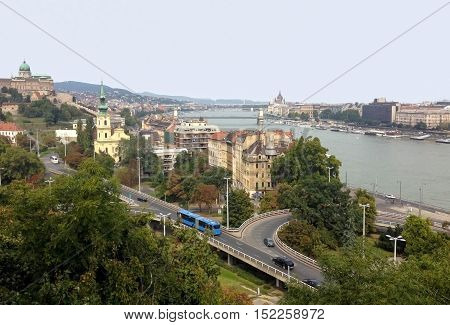 View of Budapest and the Danube River with the mountains Gallert.