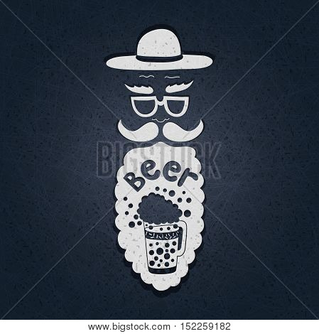 A bearded man with a mustache, glasses and a stylish hat. Typographic composition in his beard. The stylized face with a beard. Big curly beard beer. Figure mugs of beer. Hand drawing.