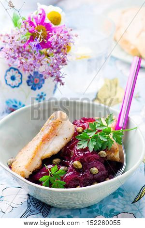 Fish Fillets in a Sweet-and-Sour Sauce.seletive focus