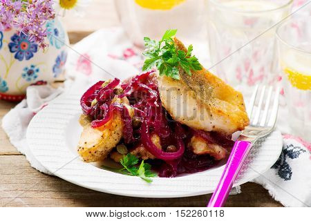Fish Fillets in a Sweet-and-Sour Sauce.seletive focus
