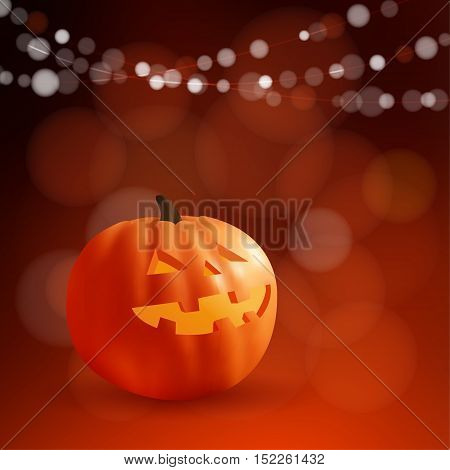 Halloween or Dia de los Muertos greeting Day of the Dead card invitation. Freaky carved pumpkin and party lights vector illustration background.