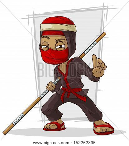 A vector illustration of Cartoon Asian ninja in red mask with stick