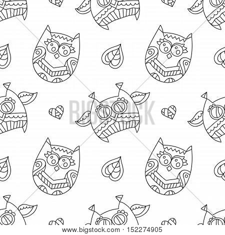 vector owls for coloring, seamless pattern of owls, leaves and hearts with ornaments