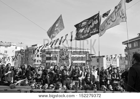 Istanbul Turkey - October 11 2016: Muslims worldwide marks Ashura Istanbul Shiite community. Caferis take part in a mourning procession marking the day of Ashura in Istanbul's Halkali region Turkey on October 11 2016. 