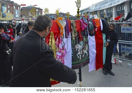 Istanbul Turkey - November 3 2014: Universal Ashura Mourning Ceremony. Day of Ashura. A Universal Ashura Mourn Ceremony was held in Istanbul to commemorate the martyrdom of Husain ibn Ali the grandson of the Prophet Muhammad and his 71 friends.