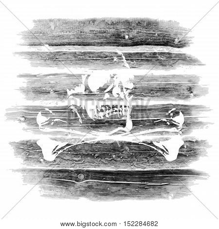 Stock Vector Jolly Roger skull and bones on a background of a wall from logs timber made in grunge style