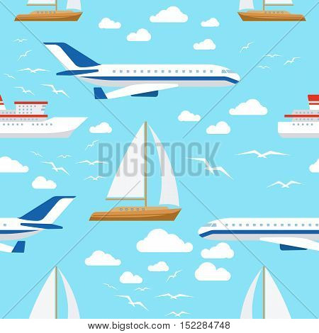 Vector seamless pattern with transport vehicels with clouds and gulls