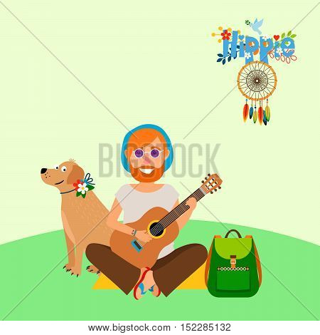 Hippie vector illustration. Barefoot man with dog and backpack sitting on the mat