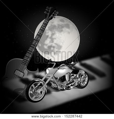 Stock vector - musical background with the moon guitar and motorcycle on a piano
