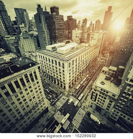 Aerial view in high contrast black and white of New York City, looking down on 5th Avenue