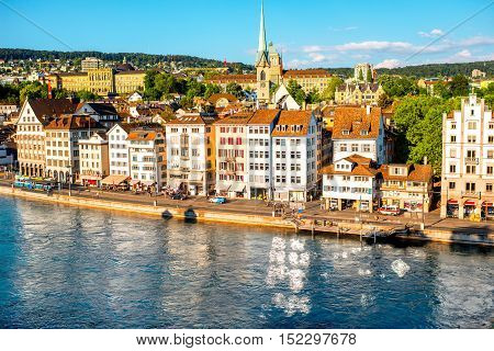 Zurich cityscape view on the riverside with Prediger church's tower in Switzerland