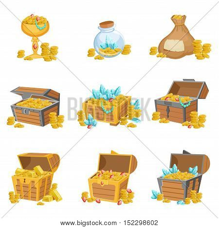 Treasure And Riches Set Of Graphic Design Elements. Cute Cartoon Style Illustrations With Gold, Jewels And Gems Isolated On White Background.