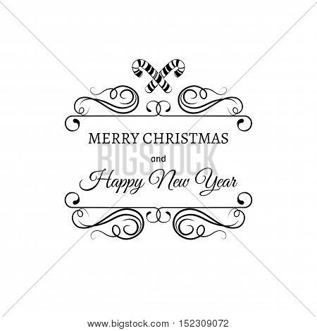 Merry Christmas And A Happy New Year. Greeting Card. Christmas candy stick. Filigree scroll and frame divider decorated. Ornate Frame. Vector Illustration.