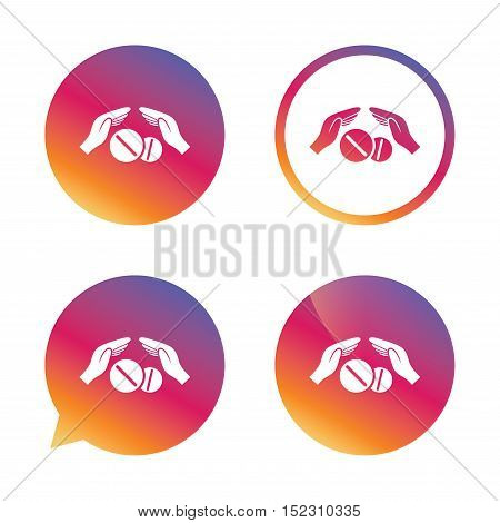 Medical insurance sign icon. Hand holds tablets pills drugs. Health Insurance. Gradient buttons with flat icon. Speech bubble sign. Vector